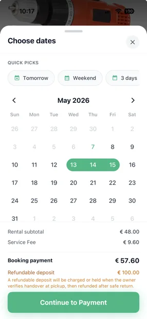 Choosing rental dates in the BRWD app with the fee and deposit itemised