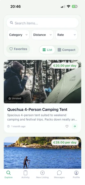 The BRWD app showing rental listings near you, each with a daily price