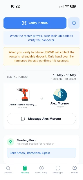 The BRWD app confirming the renter's deposit is secured before handover